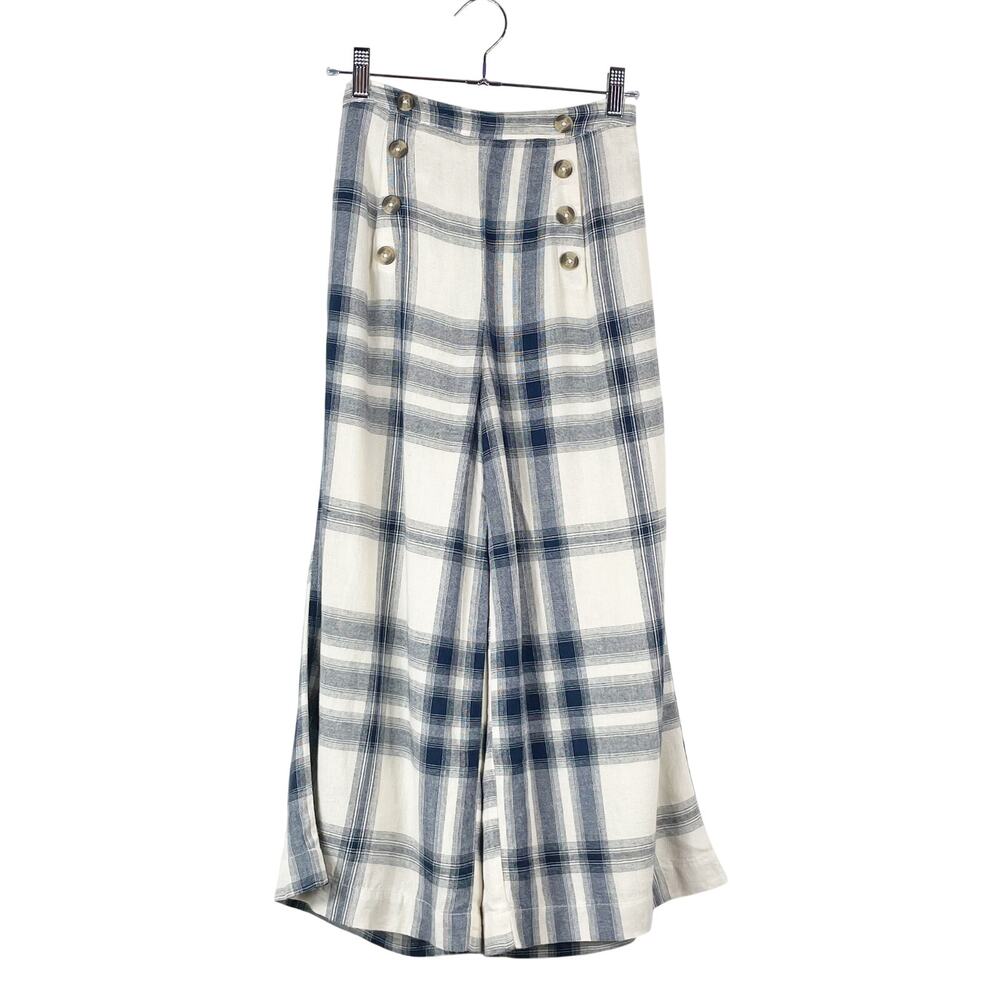 American Eagle Women's Beige Blue Plaid Cotton Linen Nautical Sailor Pants XS